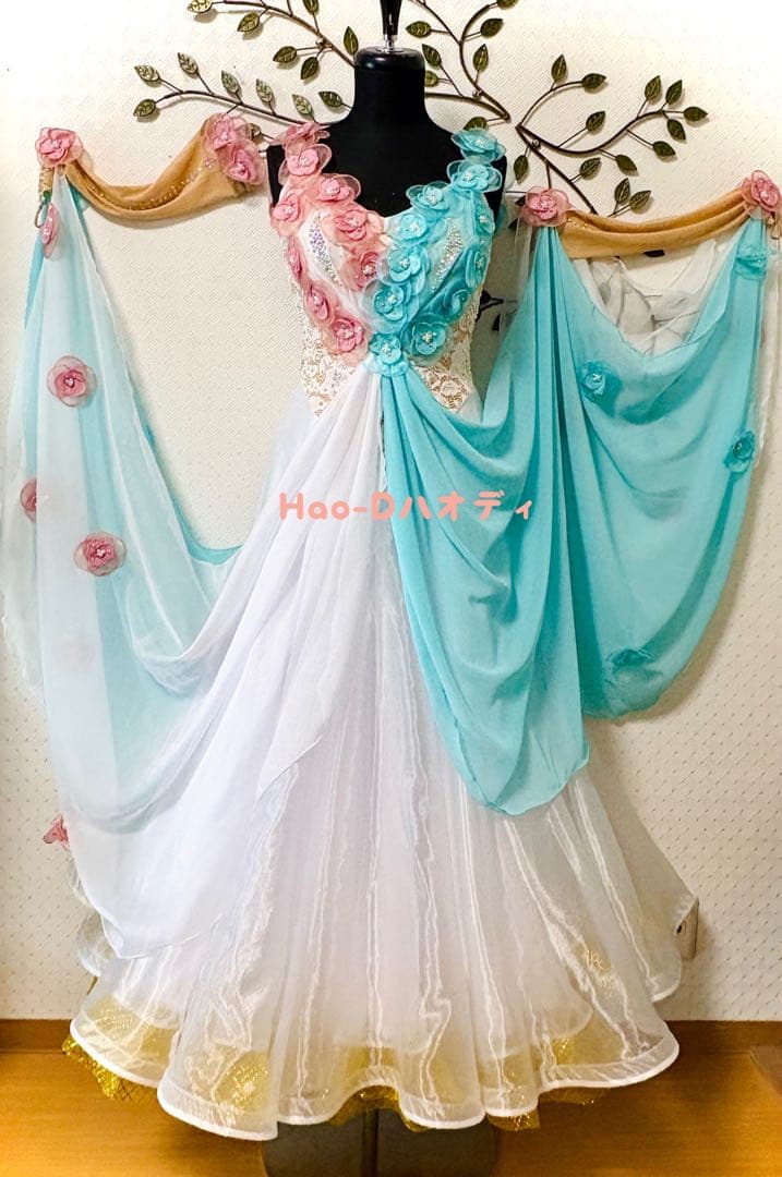 新品★ダンスドレス★スタンダード★社交ダンス★競技会★パーティー★花★バイカラー