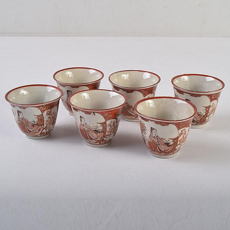 九谷焼　古九谷　赤絵金彩　煎茶碗　3種十四客まとめて　時代箱付　D　R9502