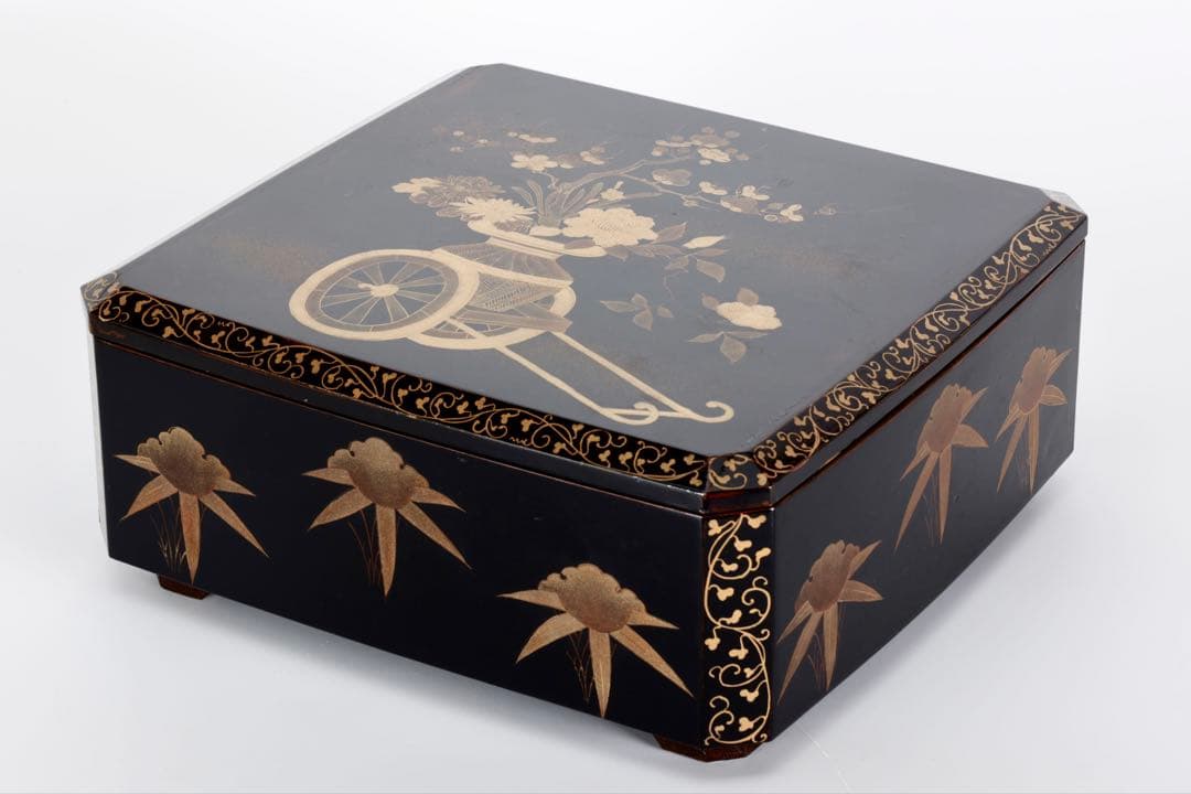 時代漆器 黒漆金蒔絵 花車文 ー段重箱 共箱付 菓子器 御節料理 古美術 骨董品