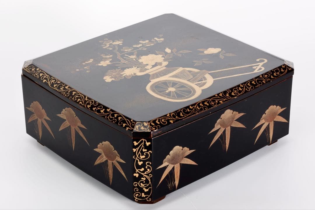 時代漆器 黒漆金蒔絵 花車文 ー段重箱 共箱付 菓子器 御節料理 古美術 骨董品