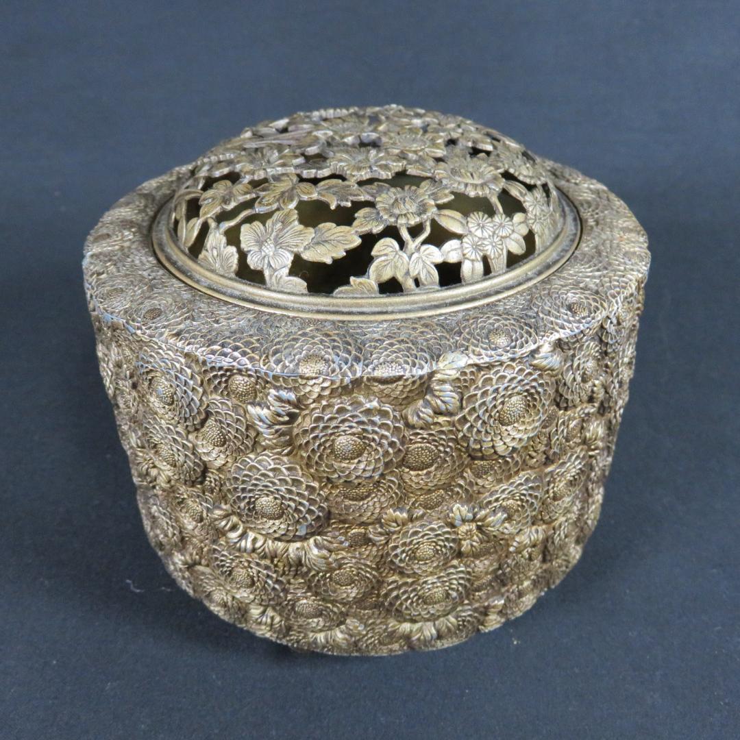 香炉 銘 宏采 茶道具 工芸 金属 真鍮 銅 花 豪華絢爛