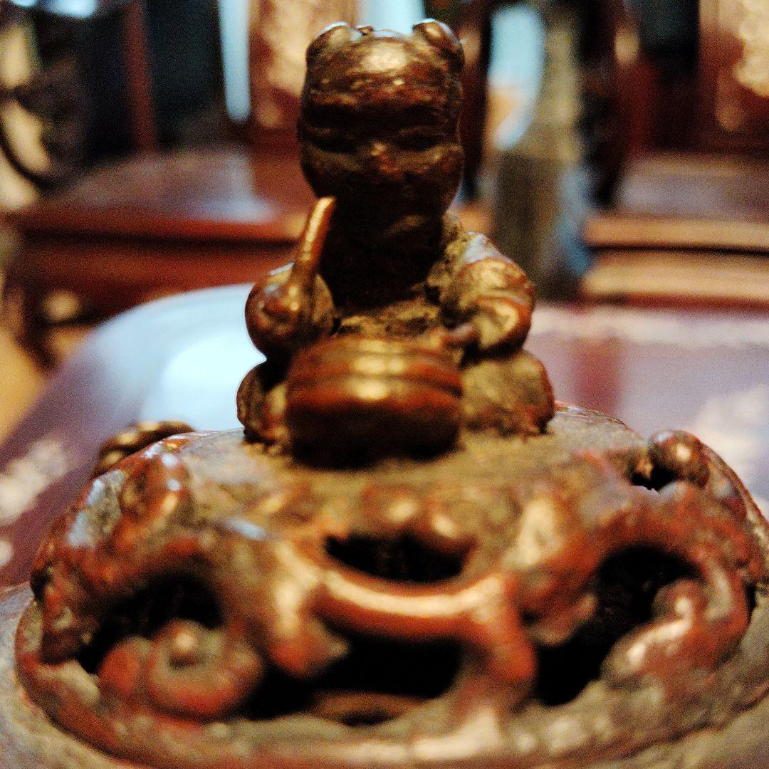 骨董　銅製香炉　三脚　木製香炉台 付き