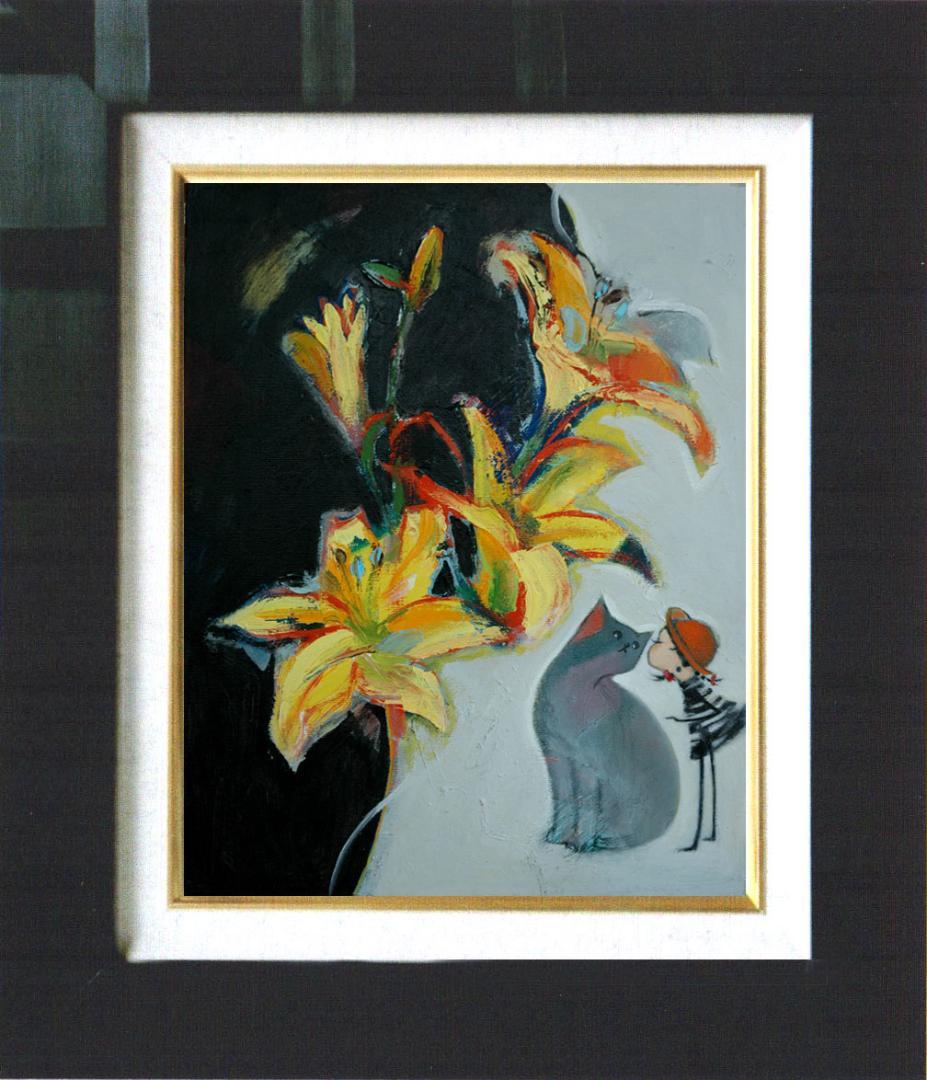 油絵 菅家令子 絵 絵画インテリア額付(白) uF6-050320 子猫と女の子