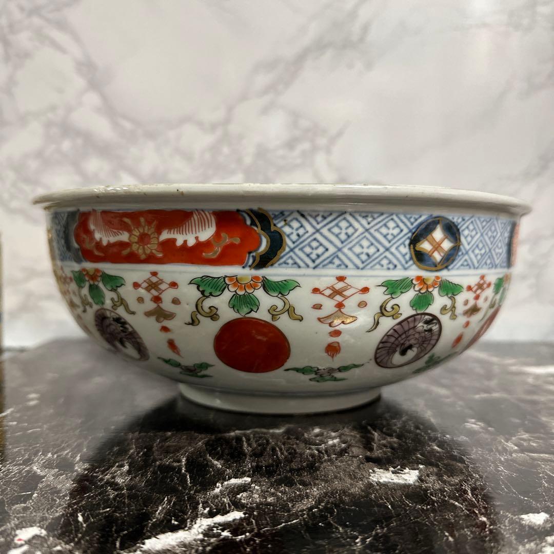 古伊万里、染錦、花鳥図、赤玉、中鉢。