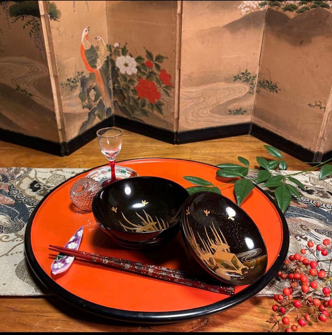 A1060 木製輪島塗　懐石道具　衝羽根に流水菖蒲　吸物椀　蒔絵　2客