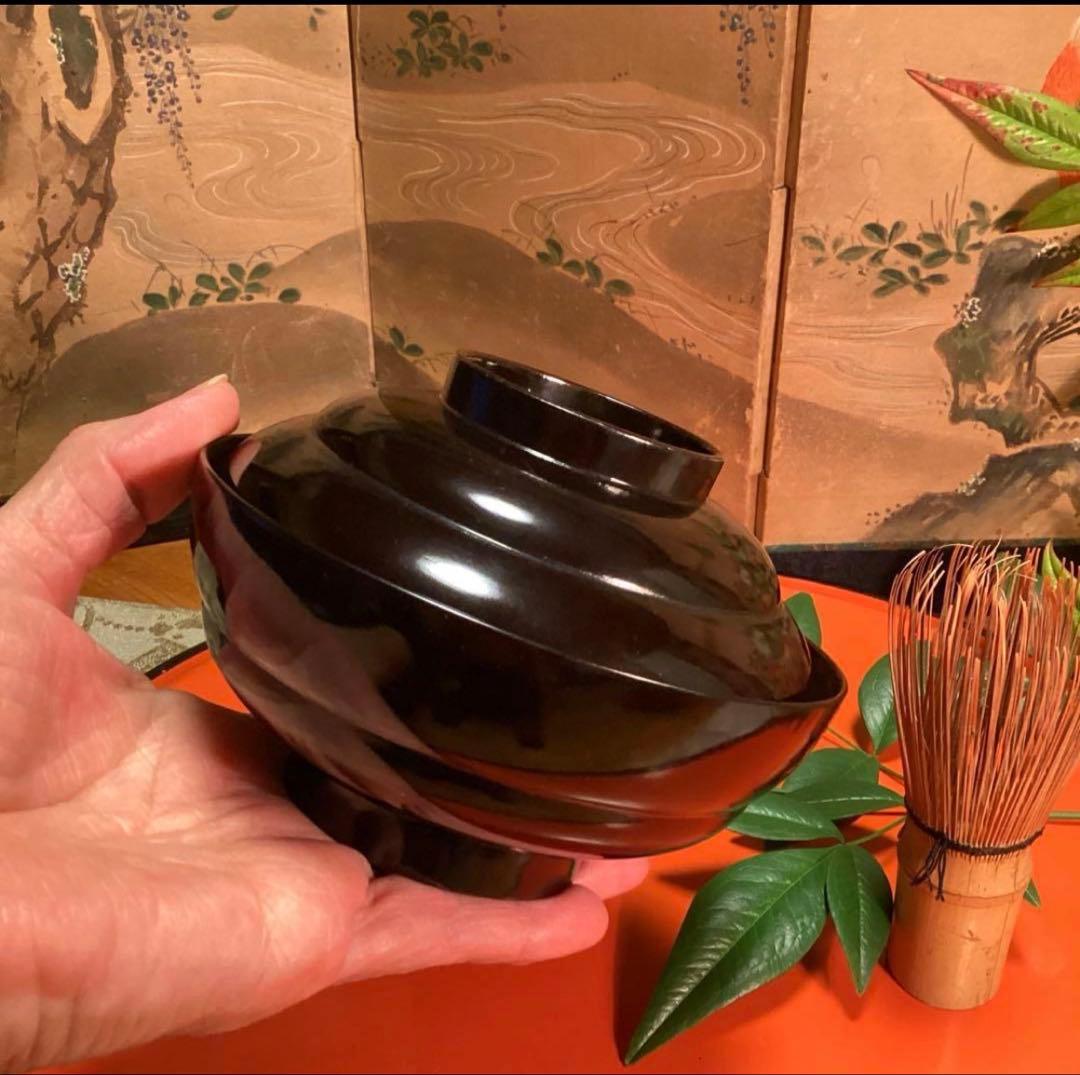 A1060 木製輪島塗　懐石道具　衝羽根に流水菖蒲　吸物椀　蒔絵　2客