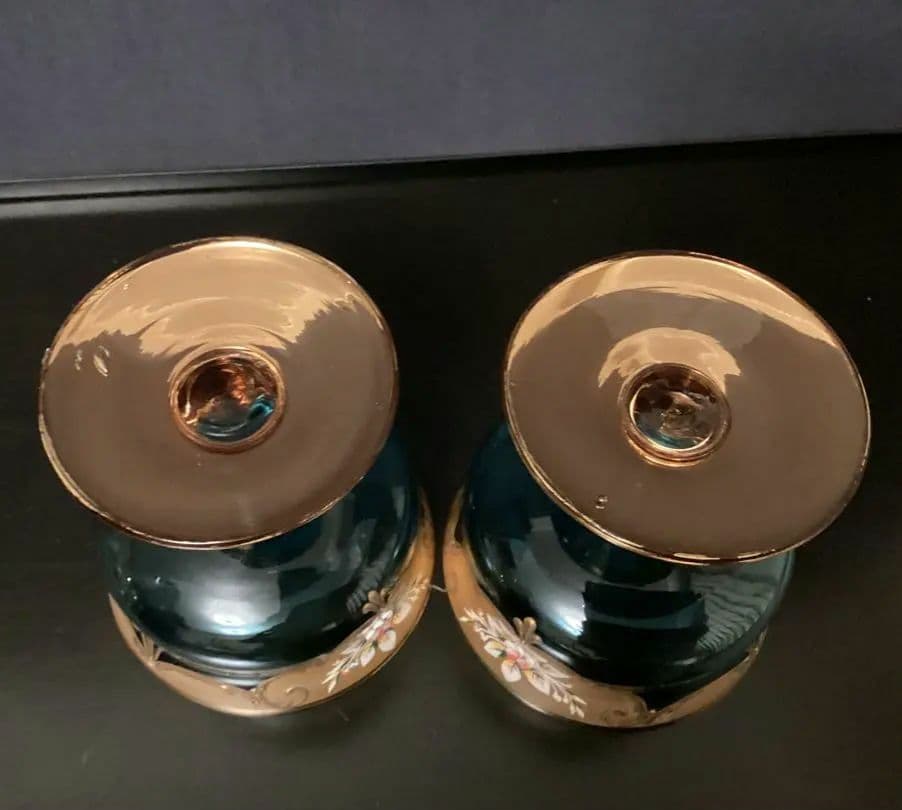 ベネチアングラス　金色とブルーのエレガントなデザインの手描き花柄グラス③④