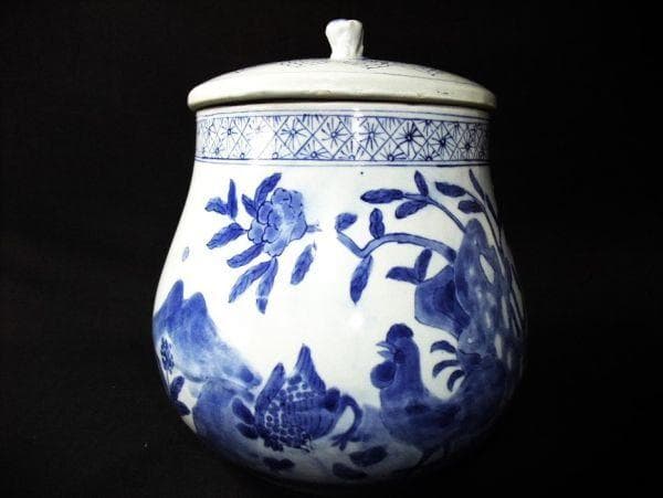 祥瑞 砂金袋水指 宝ずくし図 家鶏図 染付 青花磁器 茶道具 共箱