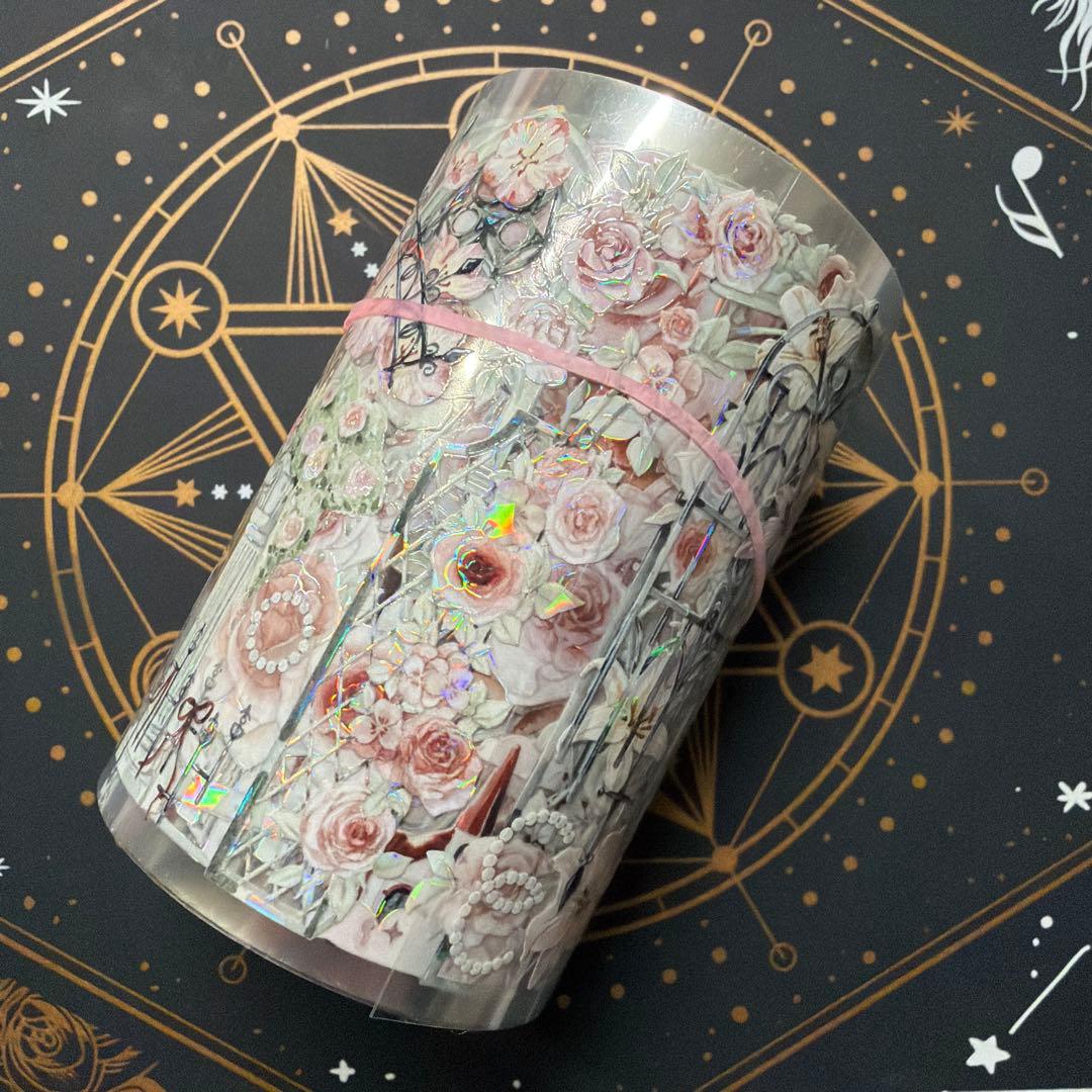 【8956】海外　マステ　中古巻　貝殻光マスキングテープ　バラ　ユリ　装飾系