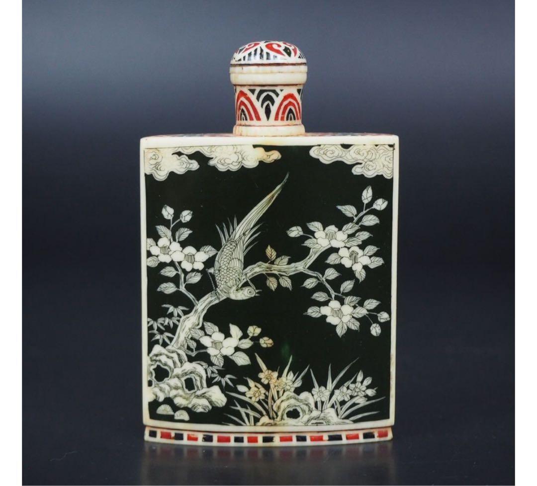 送料無料　『乾隆』款　細密彫　花鳥人物図鼻煙壺　72ｇ　中国古玩