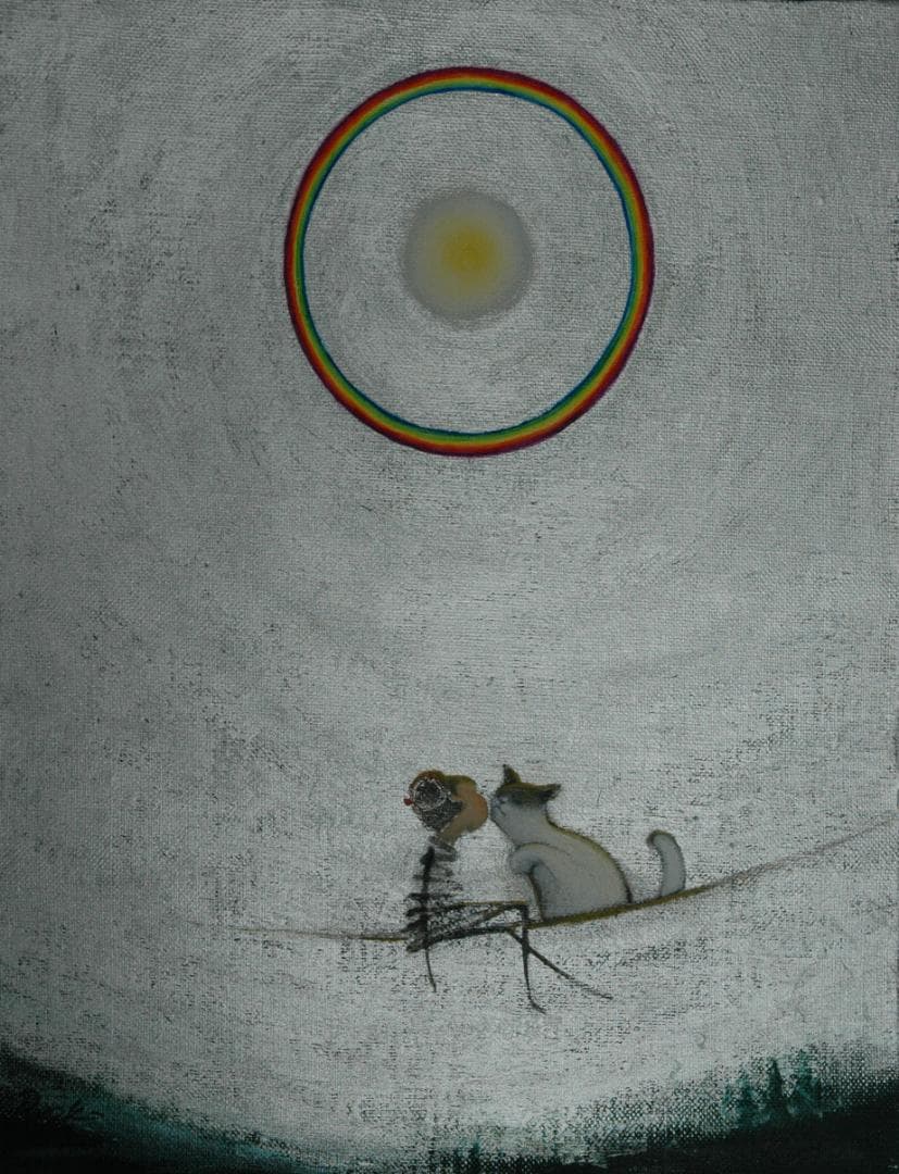 油絵 菅家令子 絵 絵画 インテリア 額付(黒) F3-031019子猫と女の子