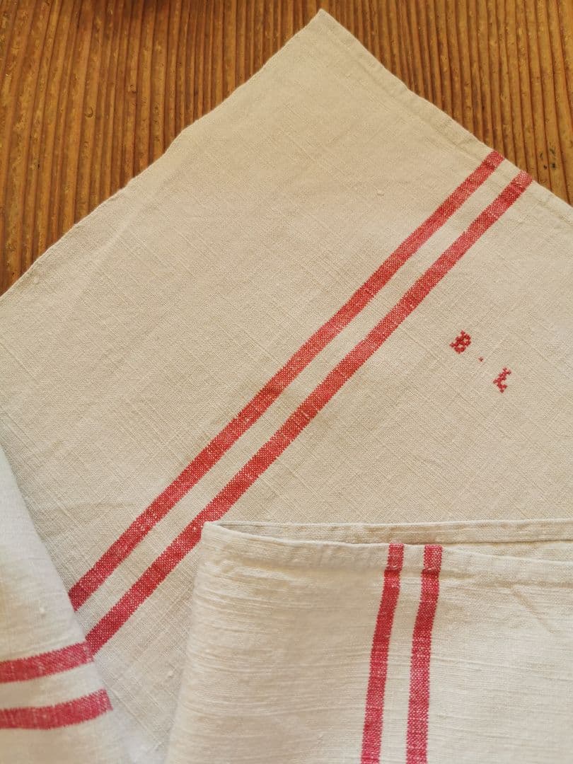 アンティークフランス ダブルレッドライン ホームスパンリネン大判クロス ＢＬ刺繍