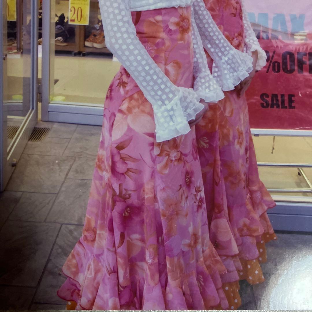 フラメンコ衣装　花柄　ファルダ　オレンジ　3段フリル　オーダーメイド