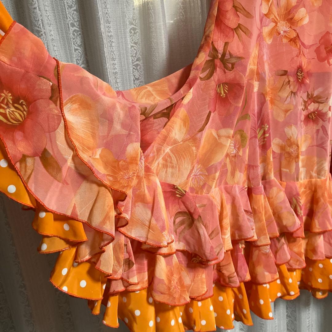 フラメンコ衣装　花柄　ファルダ　オレンジ　3段フリル　オーダーメイド