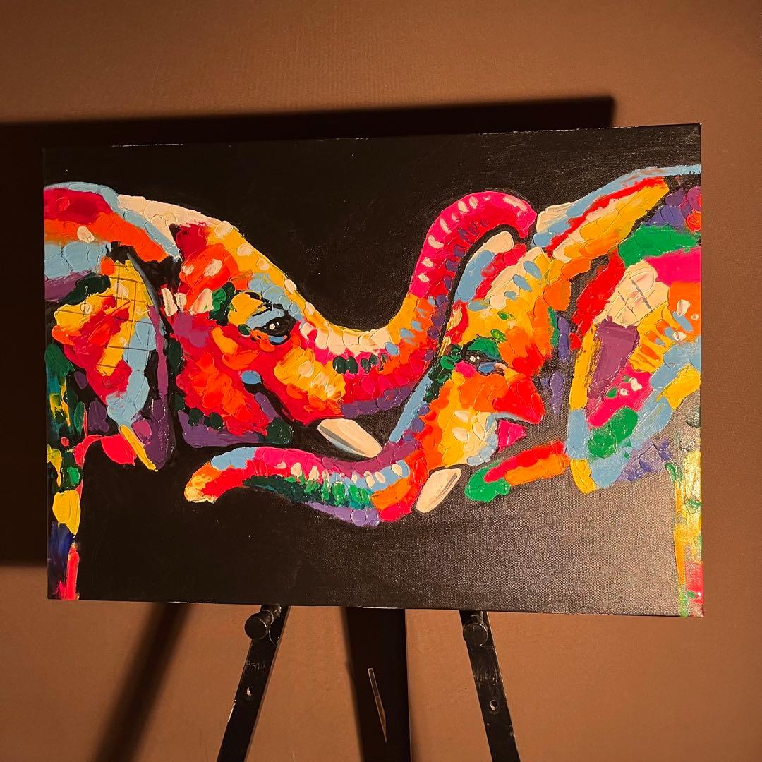 手書き油絵 七色の象 絵画 インテリア 油彩画
