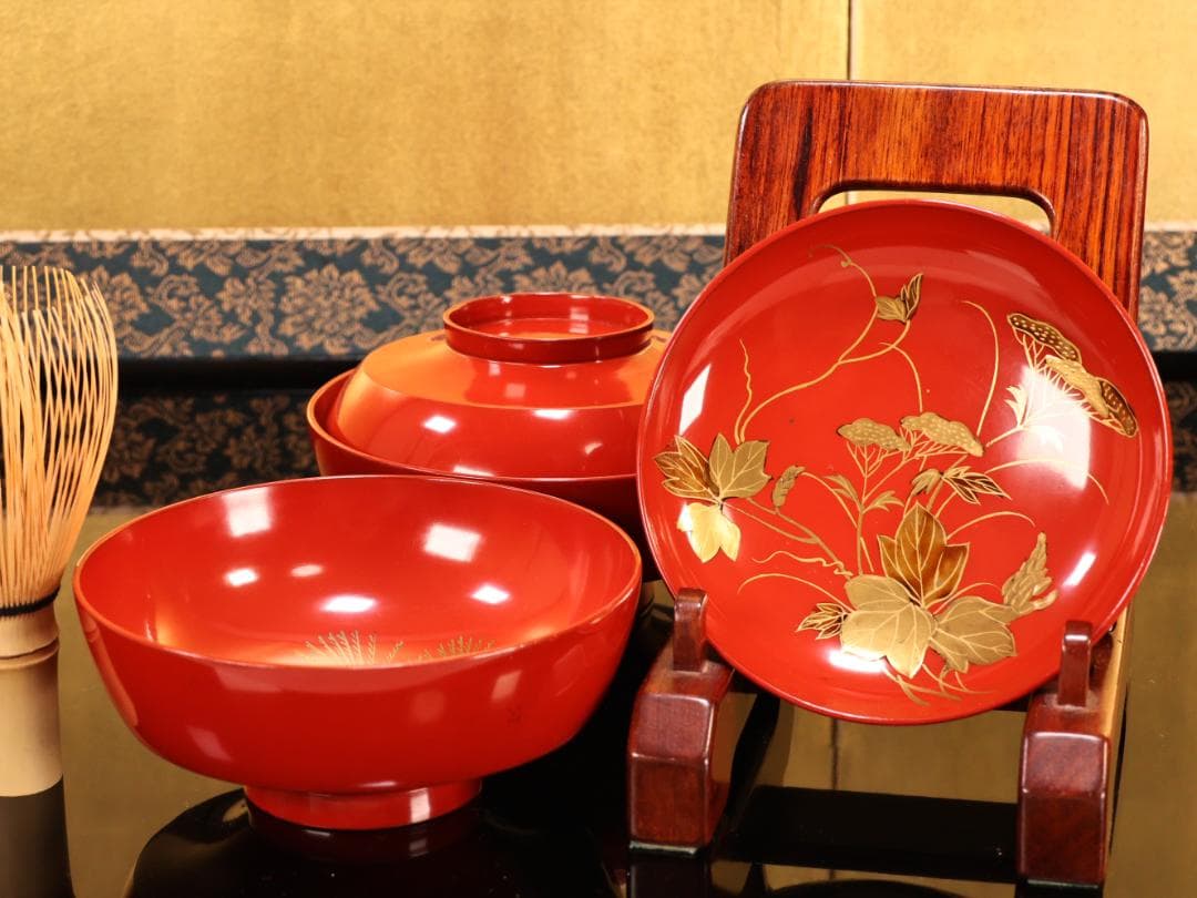 BK422　時代輪島塗　草花図金蒔絵　吸物椀　二客　木製　茶道具 懐石 菓子