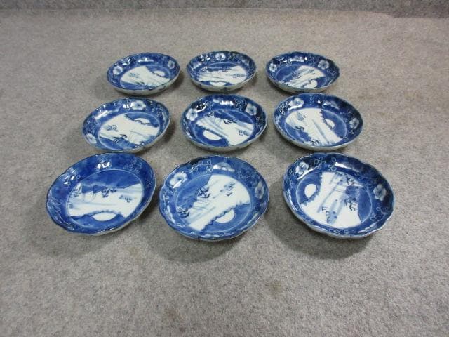 伊万里焼染付海辺風景図豆皿9枚 [B24940]