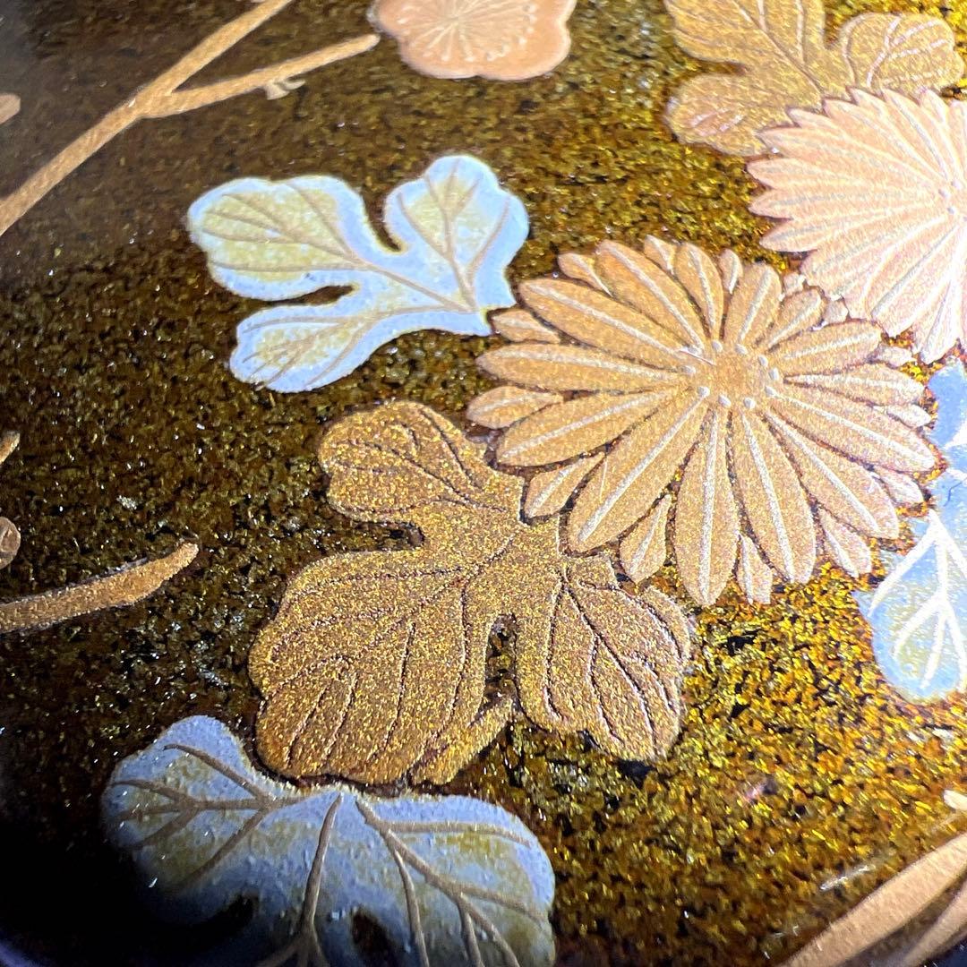 輪島塗　山下春甫造　梨地四君子蒔絵中棗　共箱　高さ約7㎝　東Y8-0106☆2F