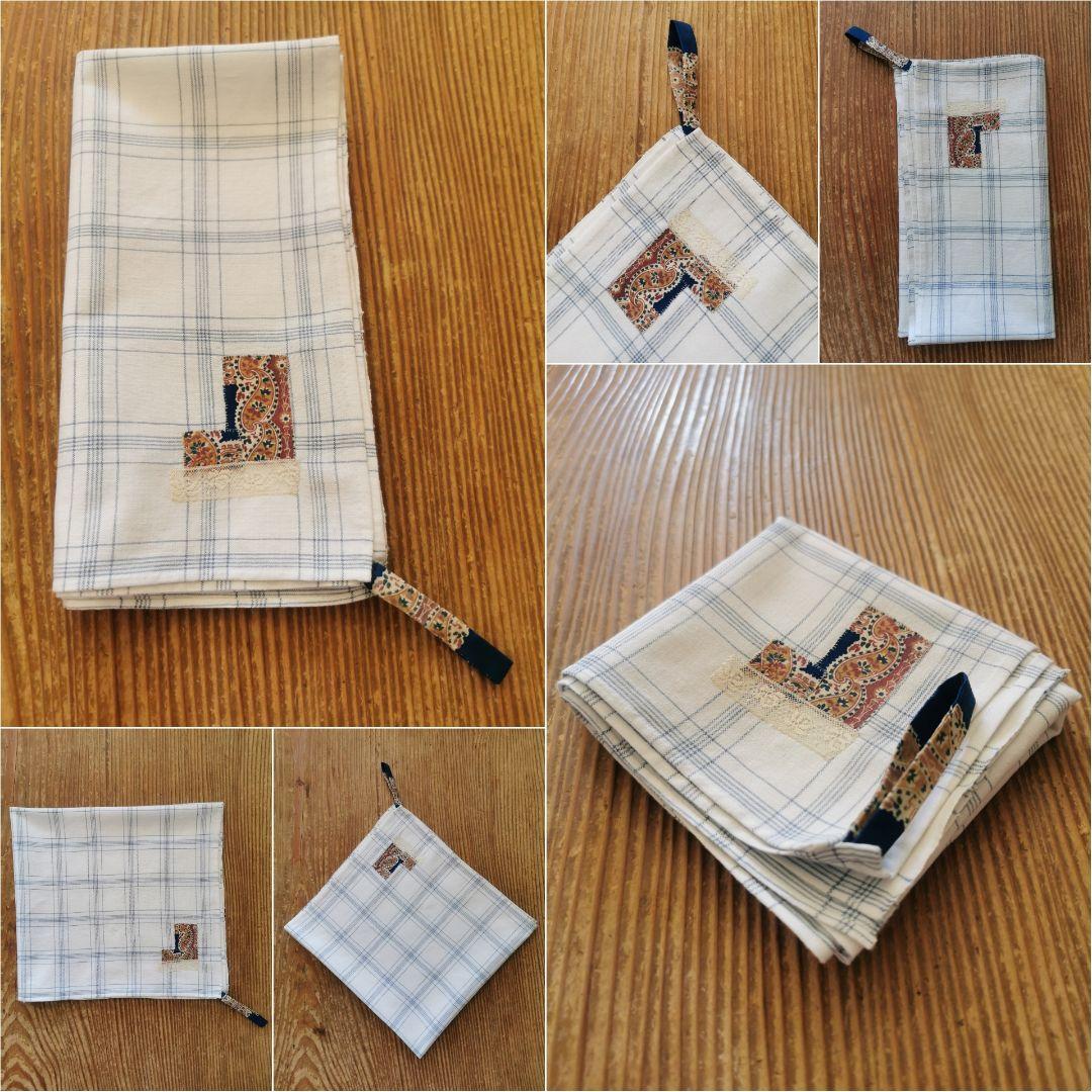 アンティーク インディゴ西洋花更紗アップリケ＆レース装飾付 ブルーチェッククロス