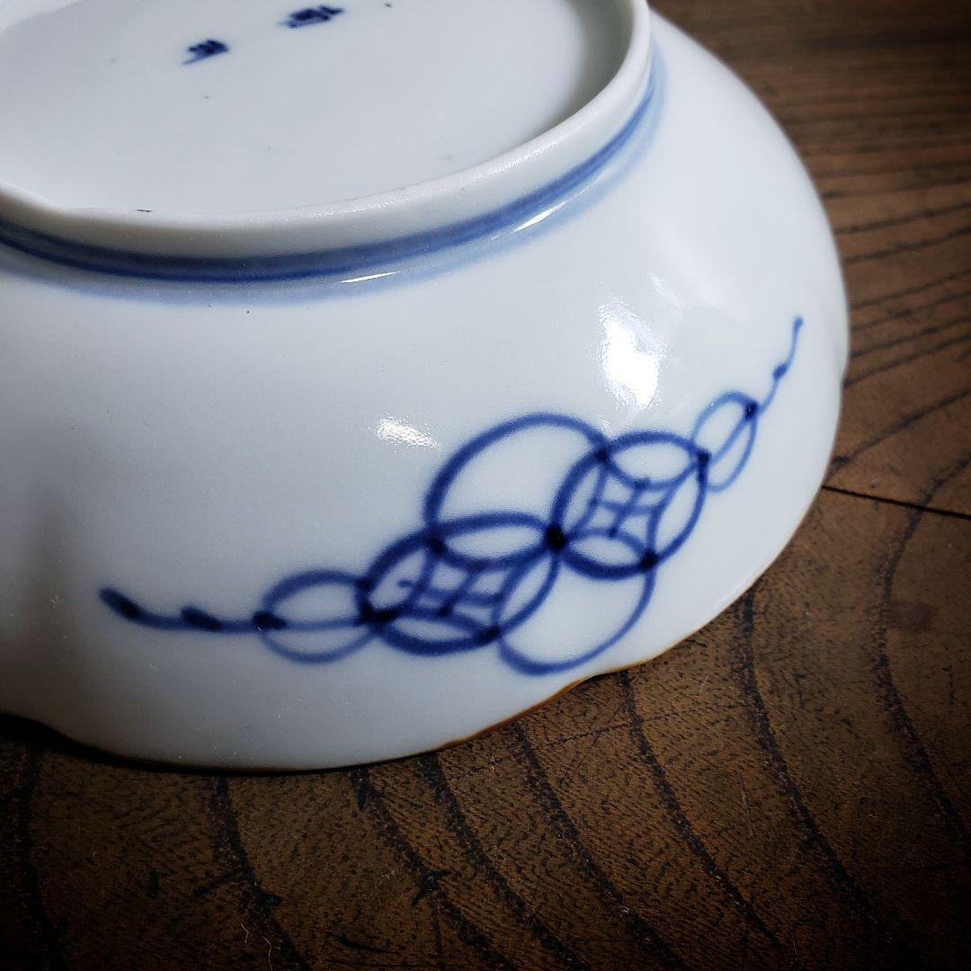 八花弁皿 染付 色絵付 取り皿 なます皿 岩 梅 菊 銘 明治 イ号