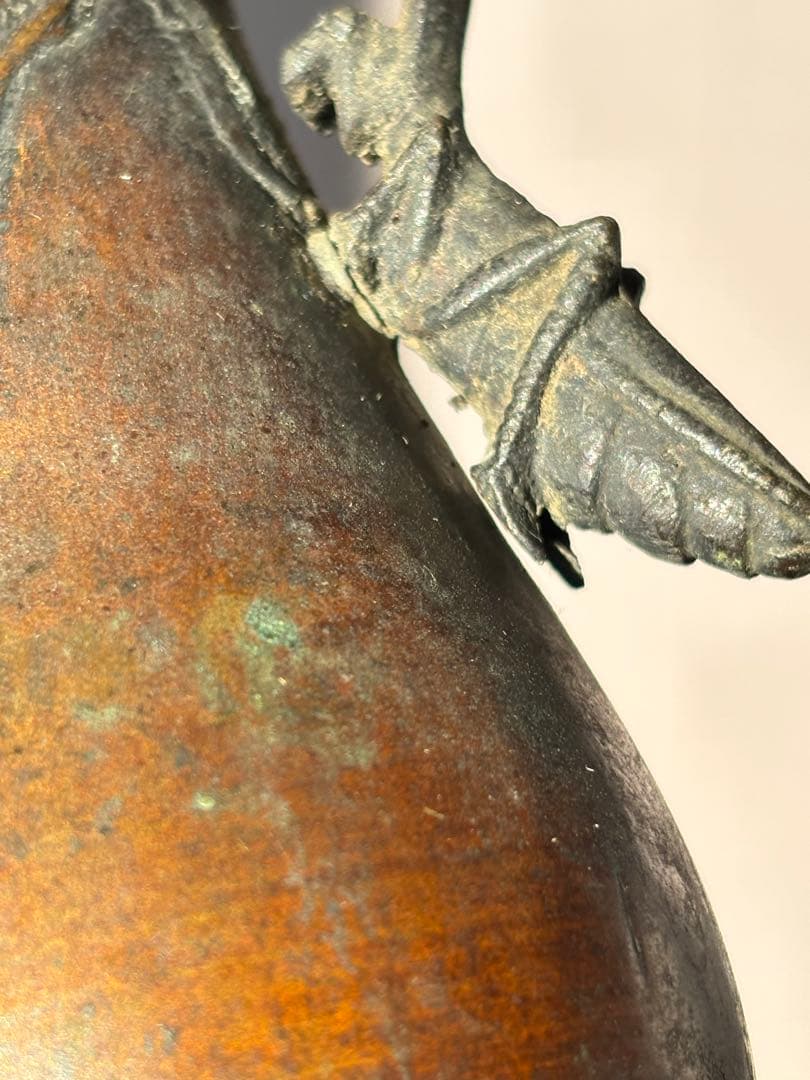 古銅 蟷螂双耳銅花瓶 14cm 紫斑銅