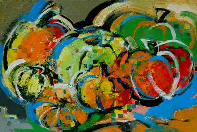 油絵菅家令子絵 絵画インテリア額付(青緑＋金色の枠)uF6-061303かぼちゃ