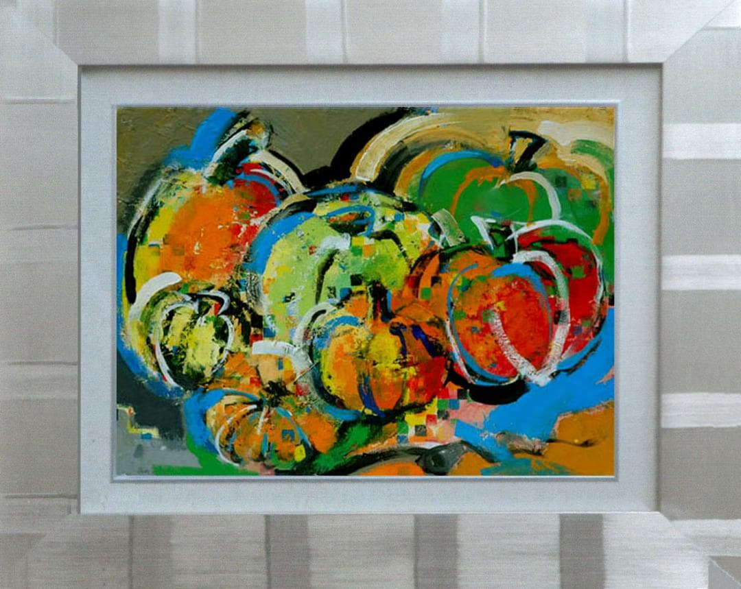 油絵菅家令子絵 絵画インテリア額付(青緑＋金色の枠)uF6-061303かぼちゃ