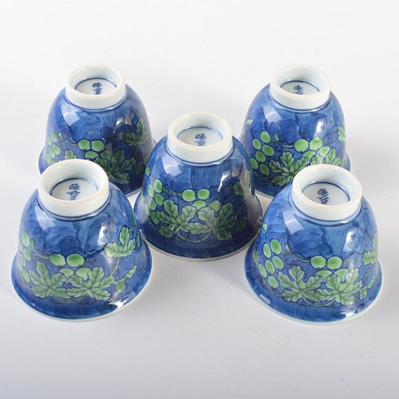 煎茶道具　有田焼　館林源右衛門　染錦　桐花文　湯呑　煎茶碗　5客　V　R6762