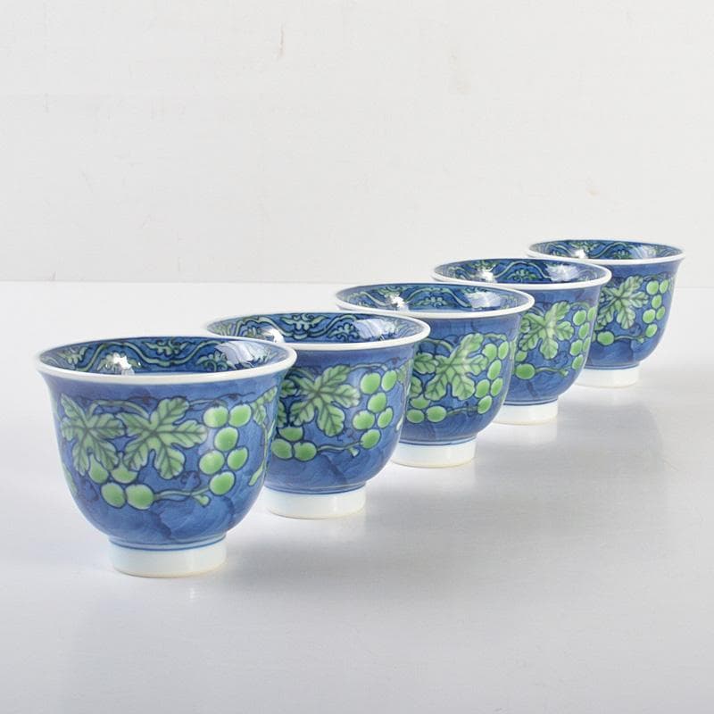 煎茶道具　有田焼　館林源右衛門　染錦　桐花文　湯呑　煎茶碗　5客　V　R6762