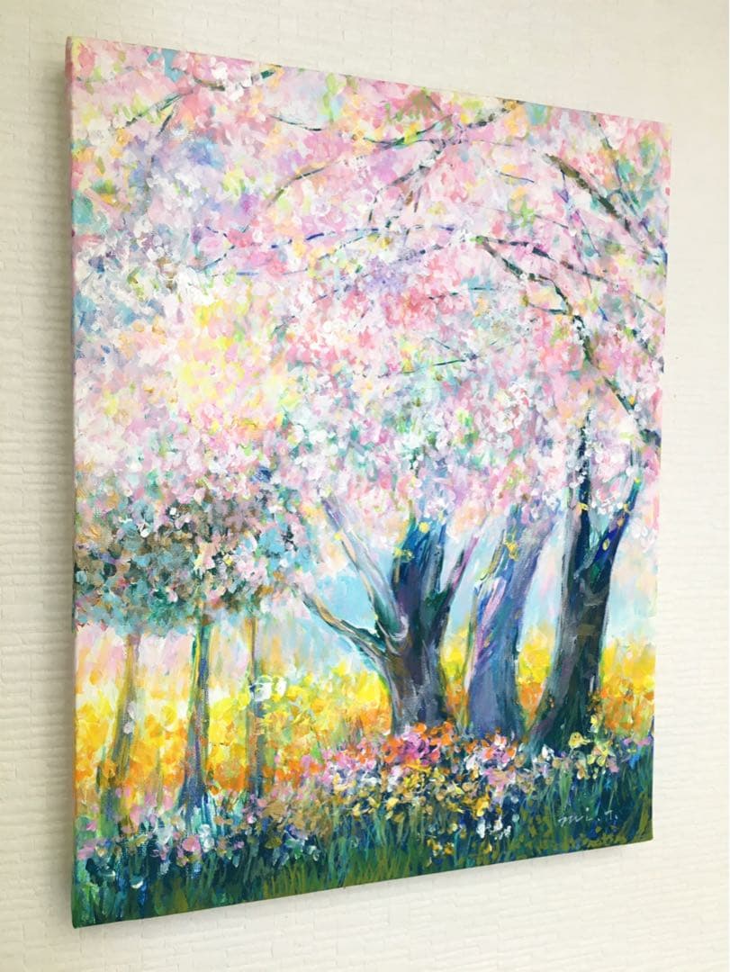 処分SALE！　春歌う桜の木　F6キャンバス アクリル画