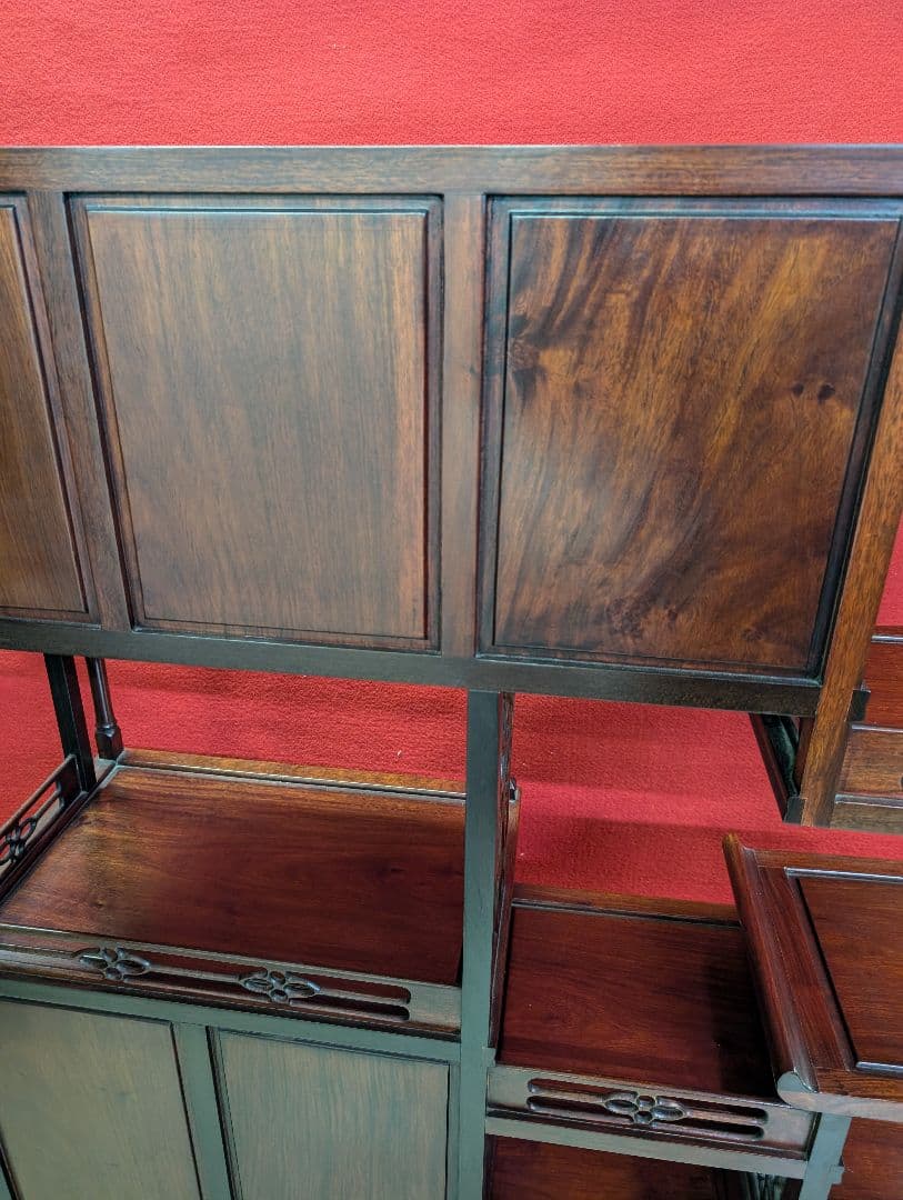 唐木 無垢材 高級 茶棚 花梨 茶箪笥 違い棚 総花梨 飾り棚 竹柄 花鳥彫刻