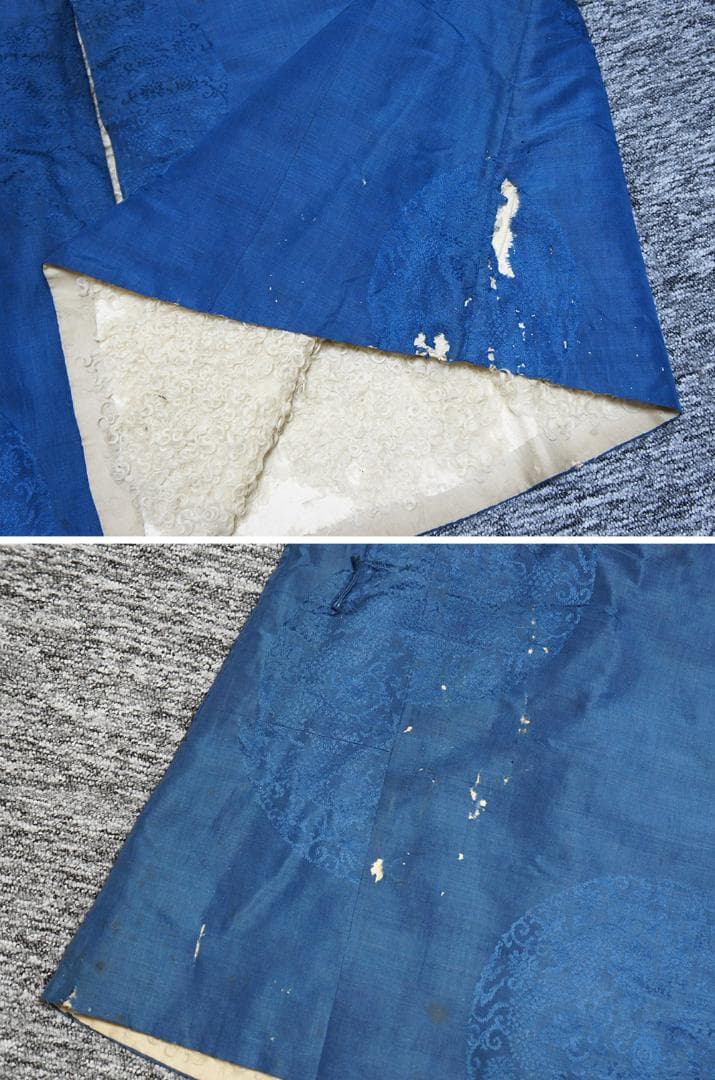 【織】　★ 織繍 藍色暗花綢羊皮常服袍 ★　清朝期　二龍戯珠 織綴文様　宮廷珍玩