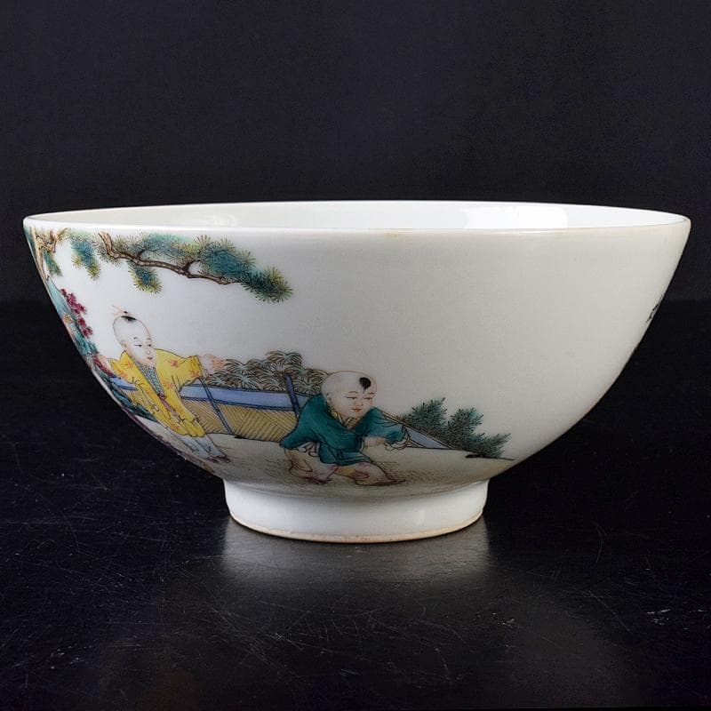 中国　雍正年製　粉彩漢詩唐子文碗　C　8019E