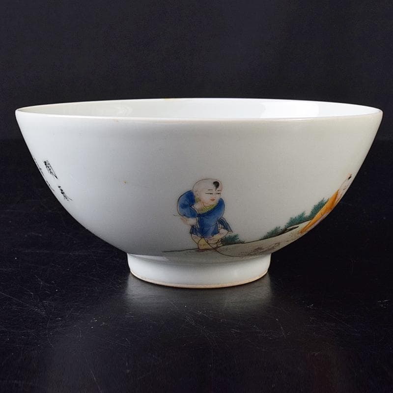 中国　雍正年製　粉彩漢詩唐子文碗　C　8019E