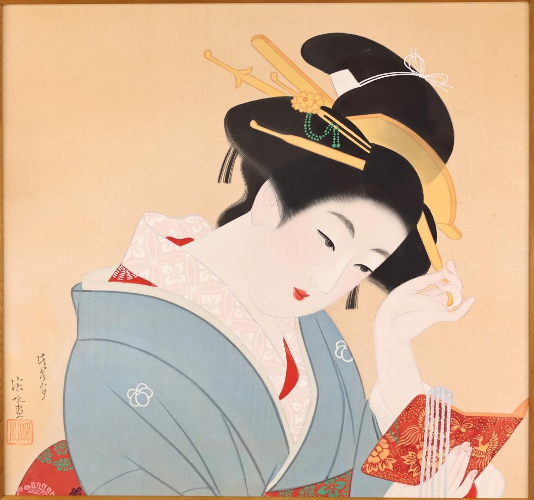 伊東深水　『 手鏡 』 共シール　額装　日本画　美人画　8号　【模写】BJ213