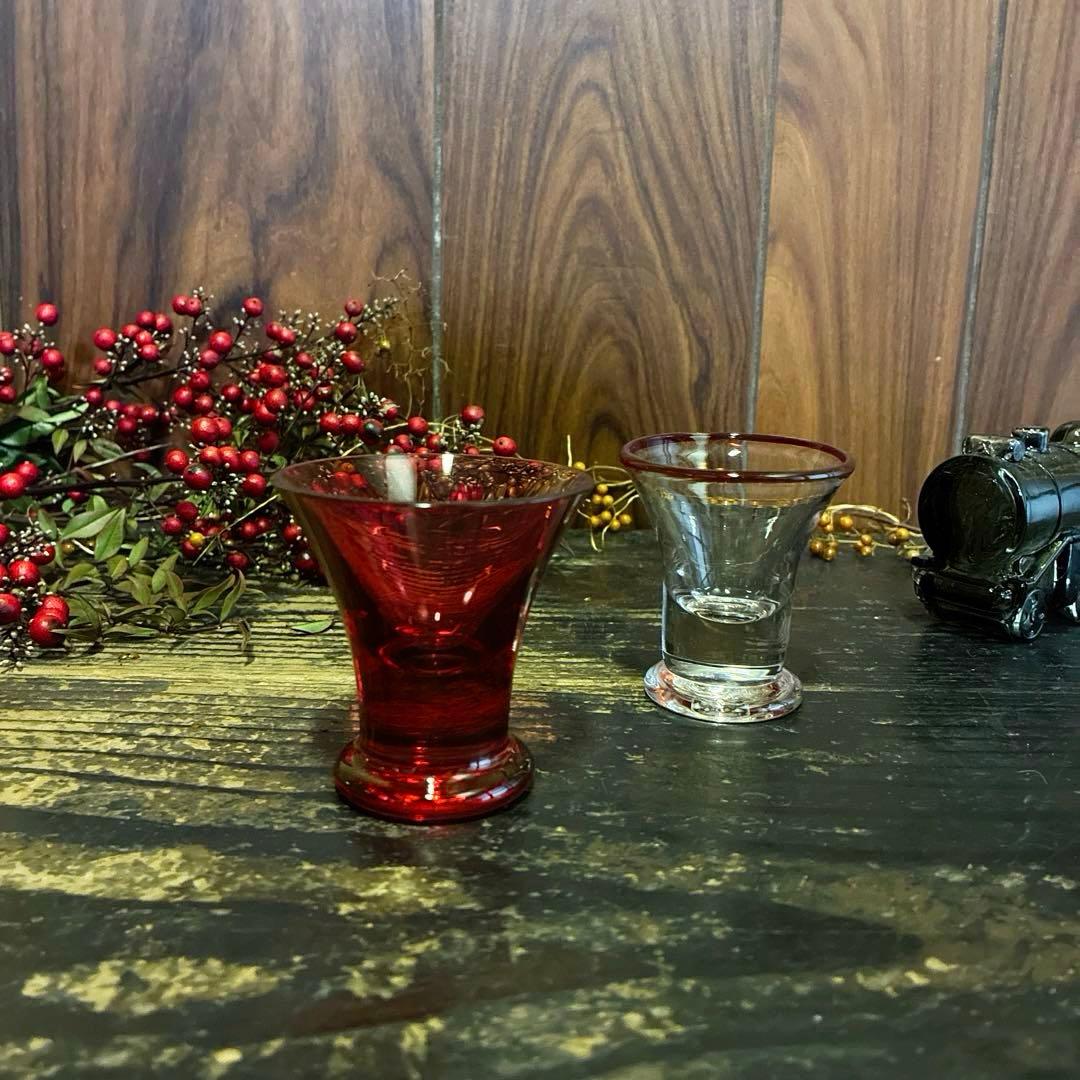 骨董　時代ガラス　希少　金赤ガラス　ラッパ型　厚底　酒器　アイスクリームコップ