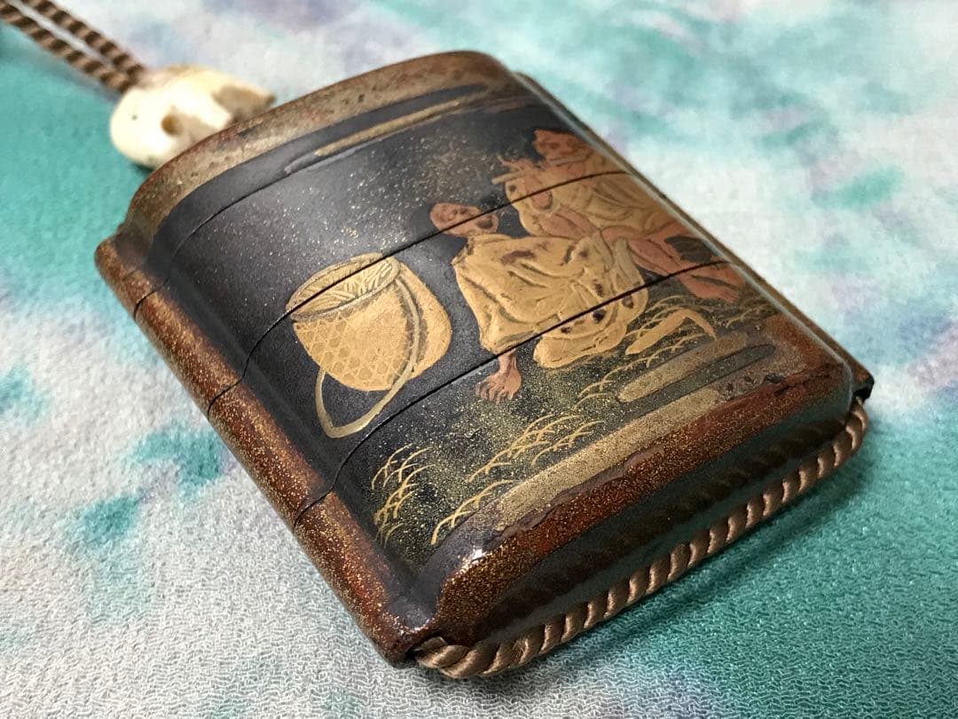 根付　牛と農夫の図　蒔絵印籠　江戸時代中期