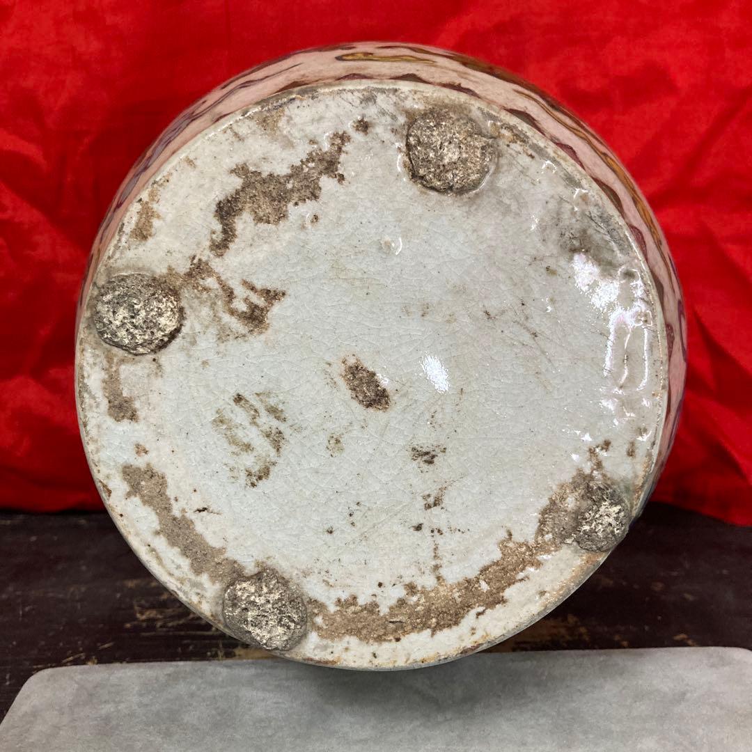 中国　色絵　三耳壺　鳳凰図