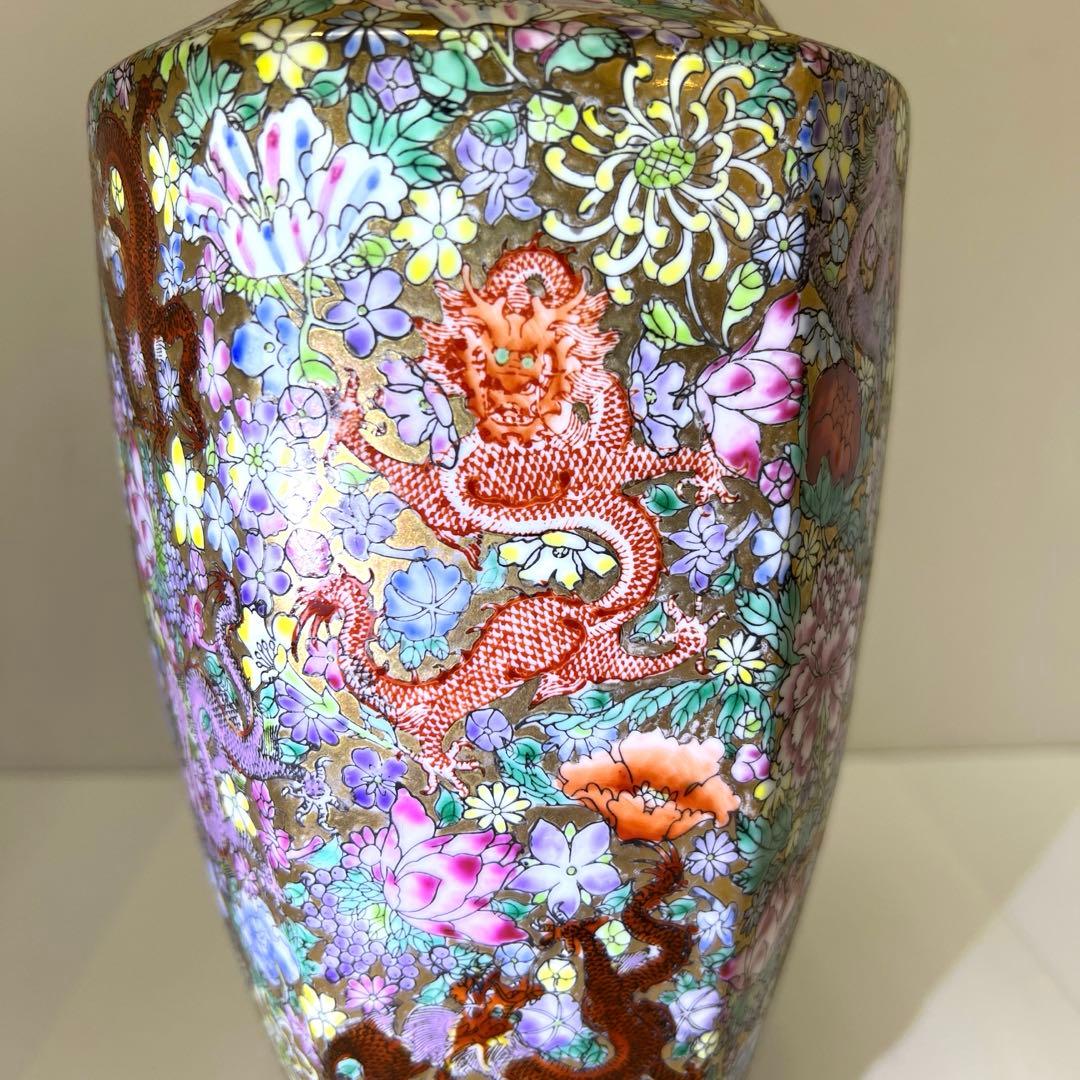 中国美術　粉彩　花と龍図花瓶　高さ44㎝　東Y7-0530③タサオ