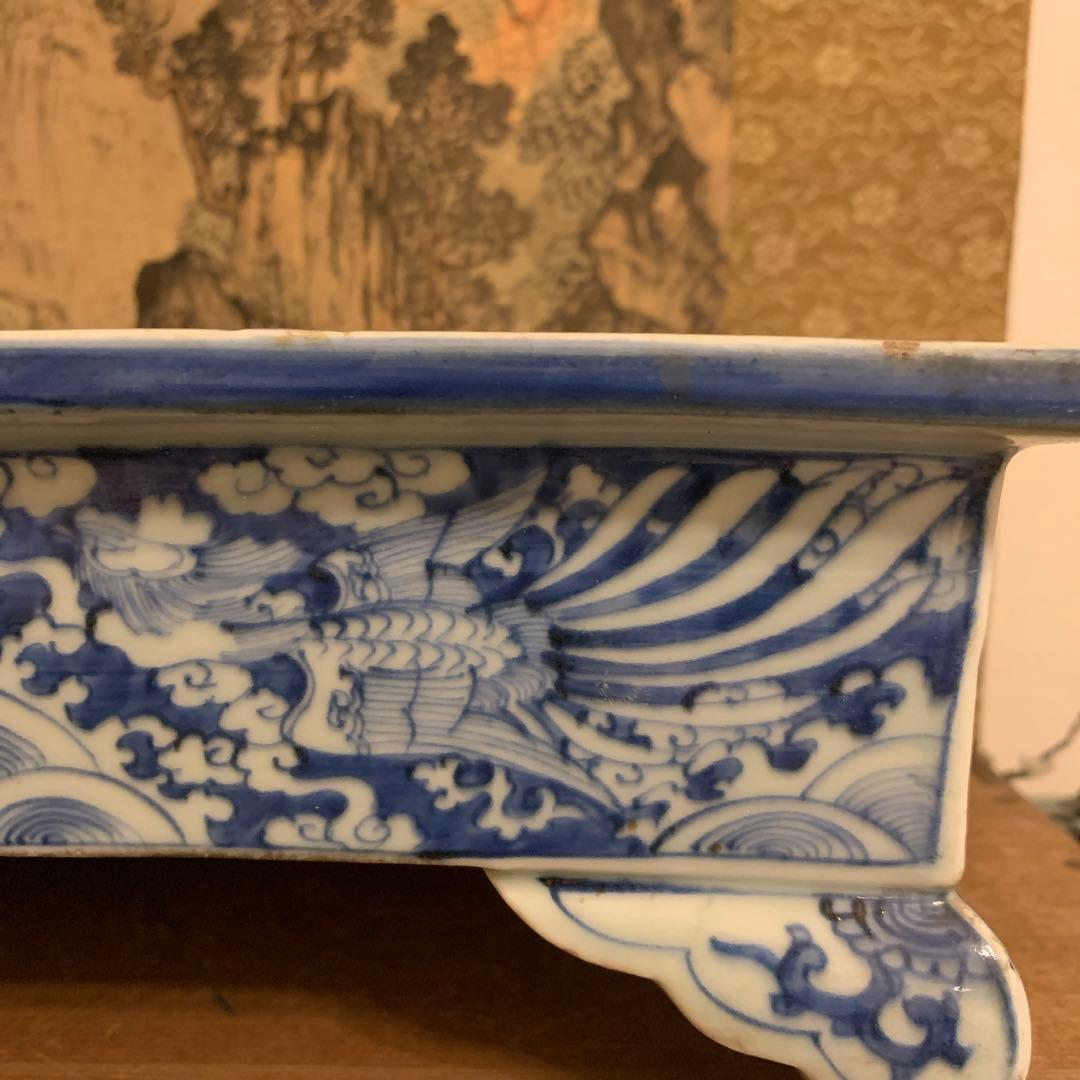 水盤  龍凤図　青華染附  大珍品　明治初期   アンティーク241