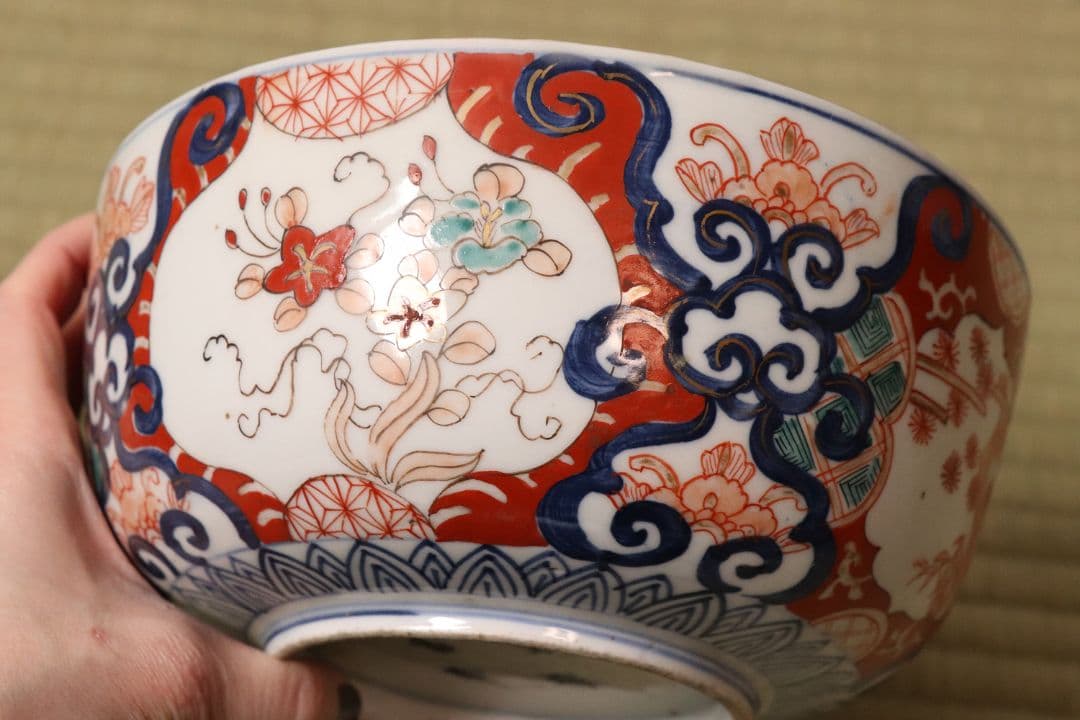 古伊万里 冨貴長春 色絵鉢 二客 福良雀 草花 唐草 錦手 中鉢【MA479】