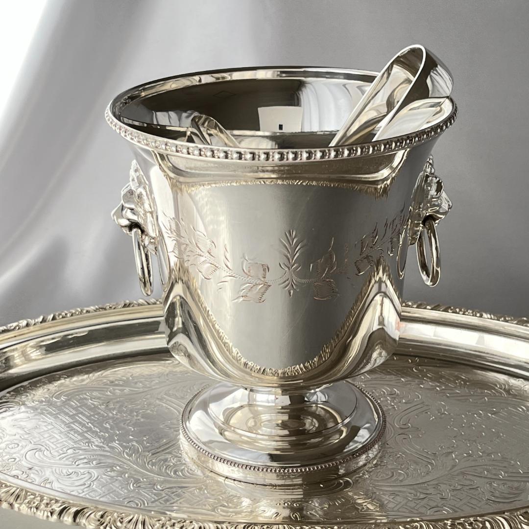 【英国】ライオンのアイスペール / トング【シルバープレート】