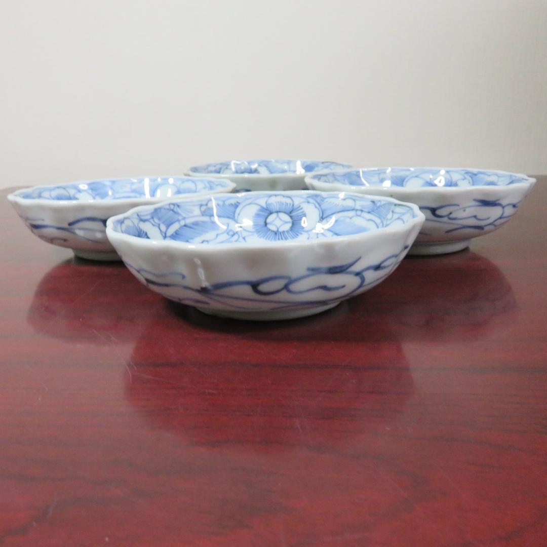 なます皿 染付 4枚 松竹梅 花 銘 窯傷 江戸