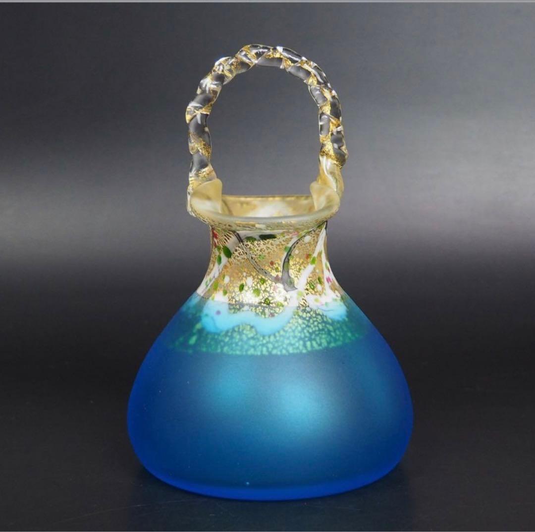 送料無料現代ガラス芸術界の巨匠『黒木国昭』作金彩象嵌ガラス花器『光琳金彩手付』