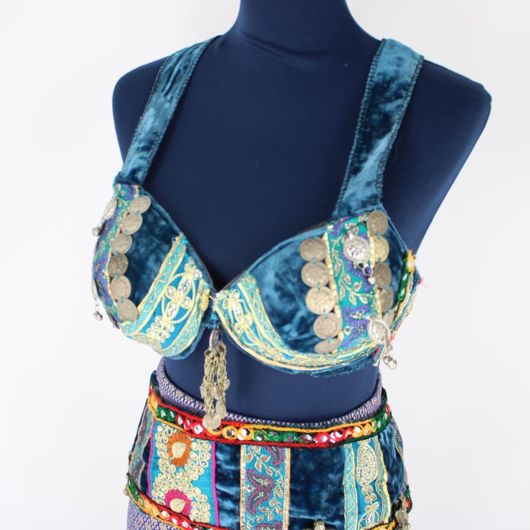 【トベリーダンス用オリエンタル衣装】装飾付き ブルーベロア生地 上下セット