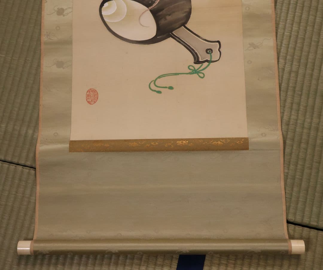 【模写】日本画 七尾英鳳 鼠小槌図 絹本 掛軸 昭和期 表装宝尽くし MB10