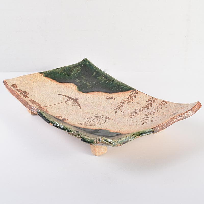 北大路魯山人作　織部焼　鳥絵　長四方皿　狙板　共布　極め箱　D　R7695B