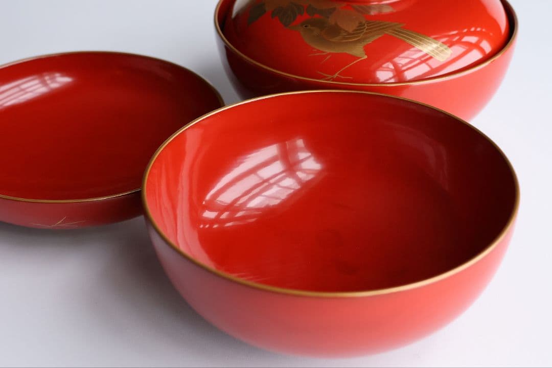 【MB178】輪島塗 花鳥金蒔絵 朱塗椀 二客 煮物椀 天然木漆塗 鶯牡丹 昭和