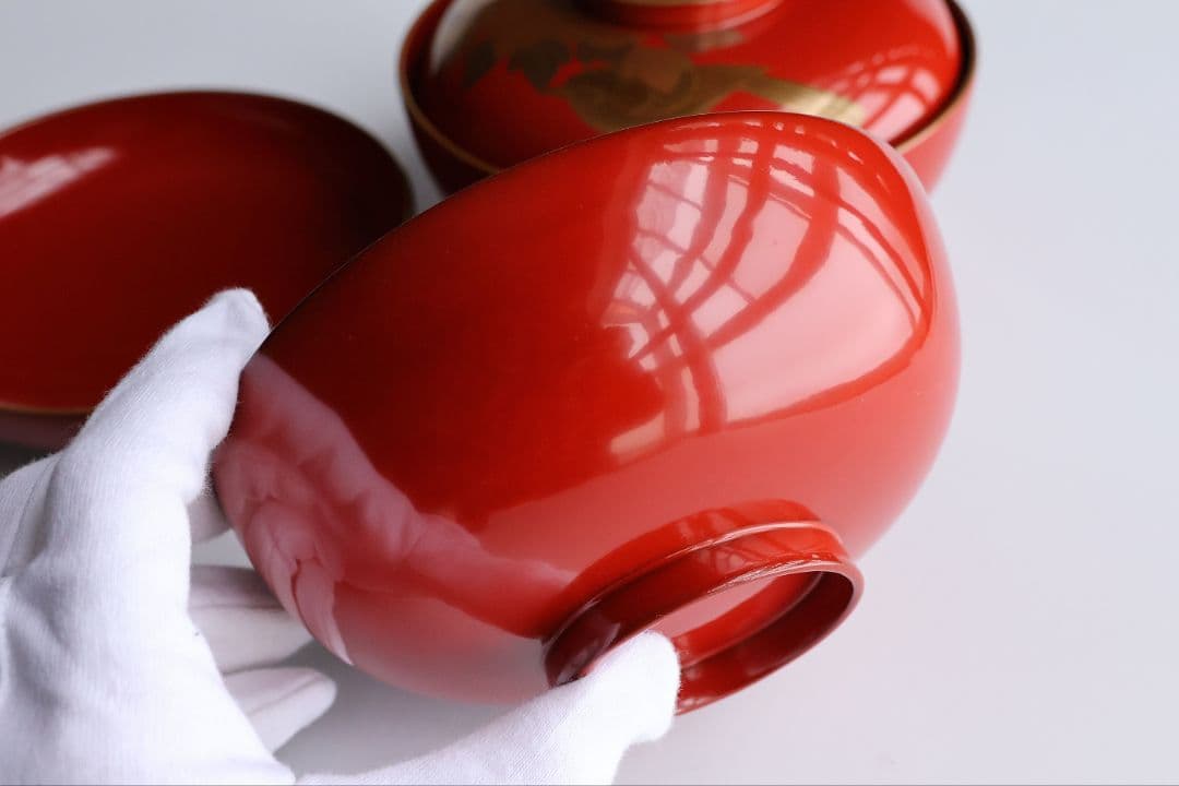 【MB178】輪島塗 花鳥金蒔絵 朱塗椀 二客 煮物椀 天然木漆塗 鶯牡丹 昭和