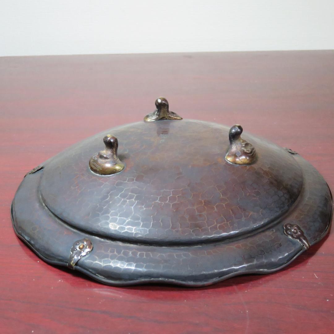 銅蟲鎚目 雲龍図三足菓子器 毛織雲龍図三足盆 菓子盆 菓子器 共箱 木箱付